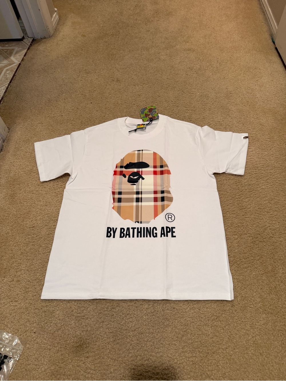 Bape White Tee with Beige Plaid Ape Head